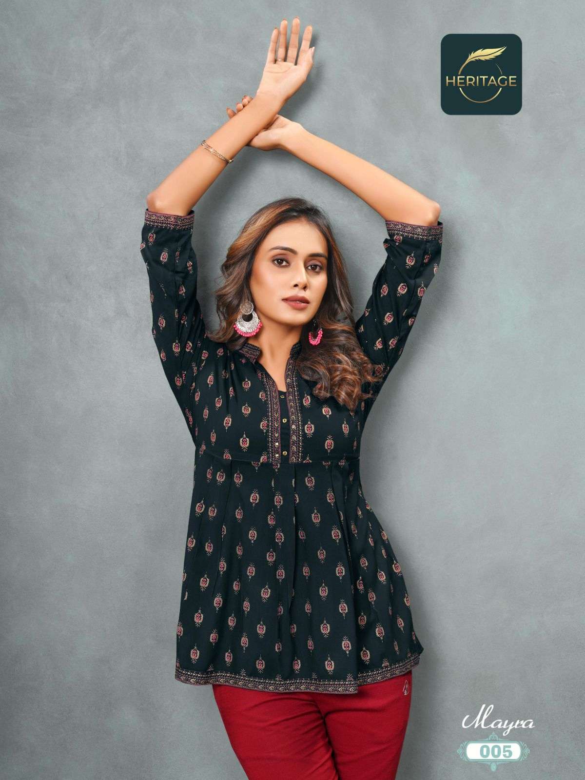 MAYRA RAYON SLUB DESIGNER SHORT KURTAS WITH STYLISH PRINTS ANDHANDWORK BY HARITAGE BRAND 1005 C